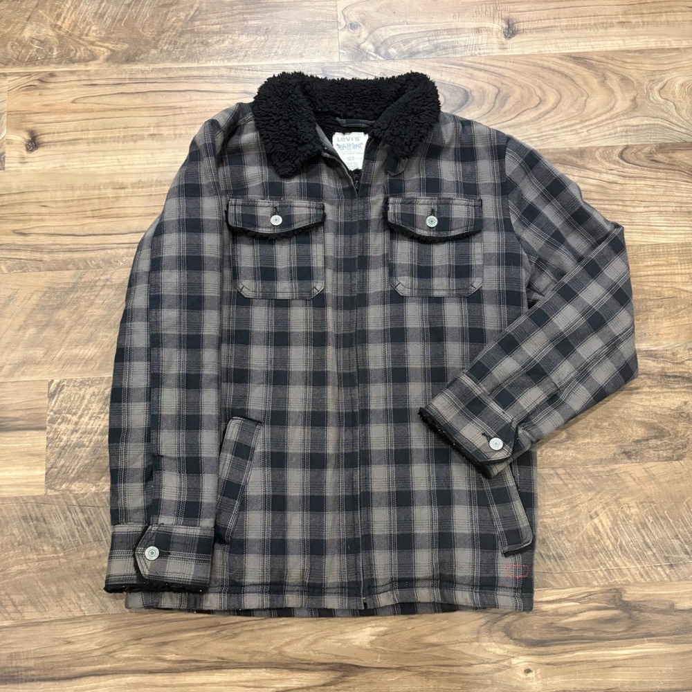 Vintage Y2K Levis Jacket Mens S Grey Plaid Sherpa Fleece Lined Flannel Workwear